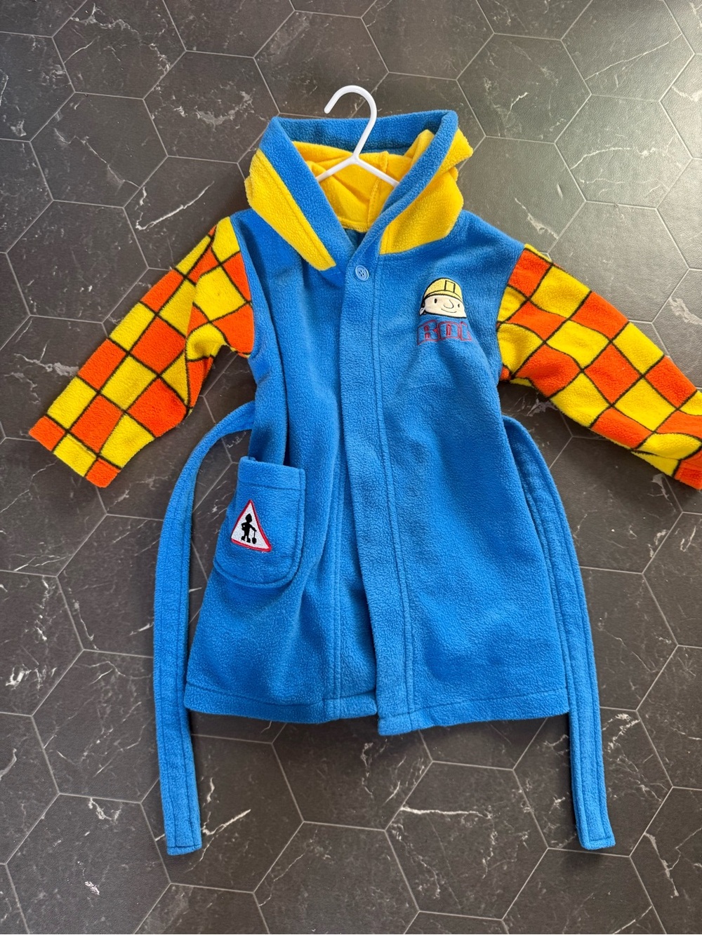 BOB THE BUILDER Cozy Blue & Yellow Kids Hooded Robe with Orange-Check Sleeves